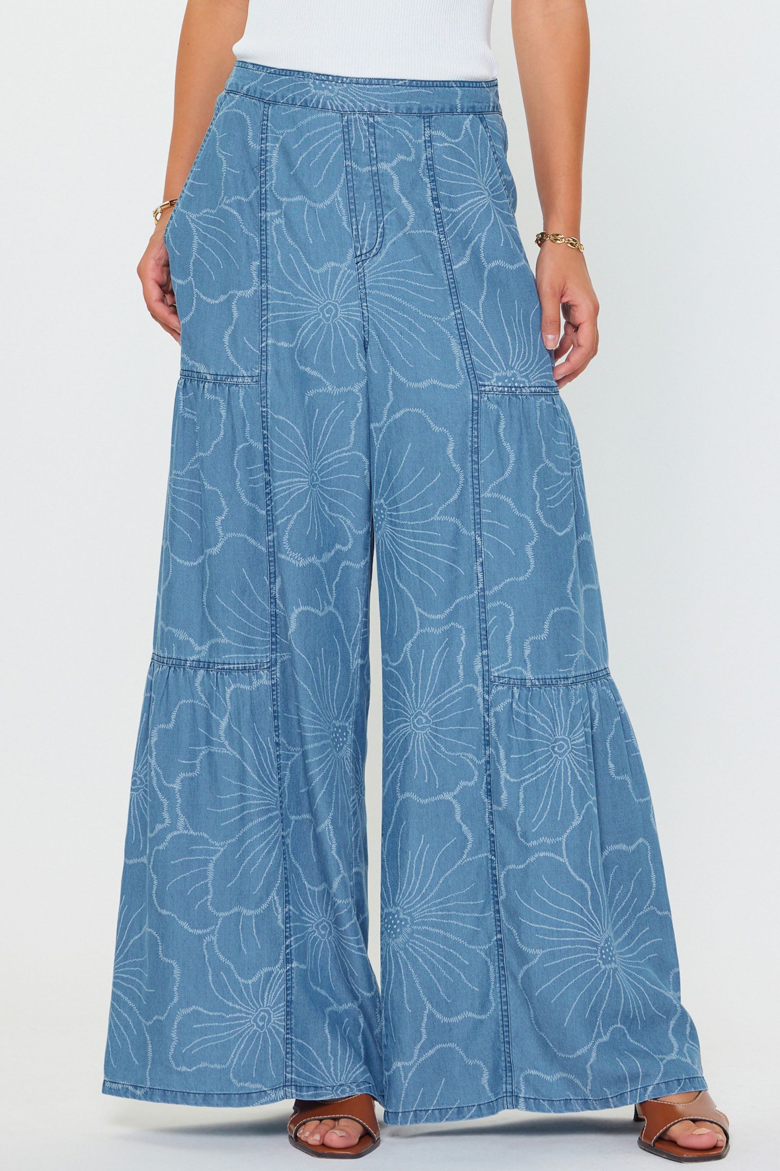 Floral Printed Wide Leg Palazzo Pants Floral Chambray