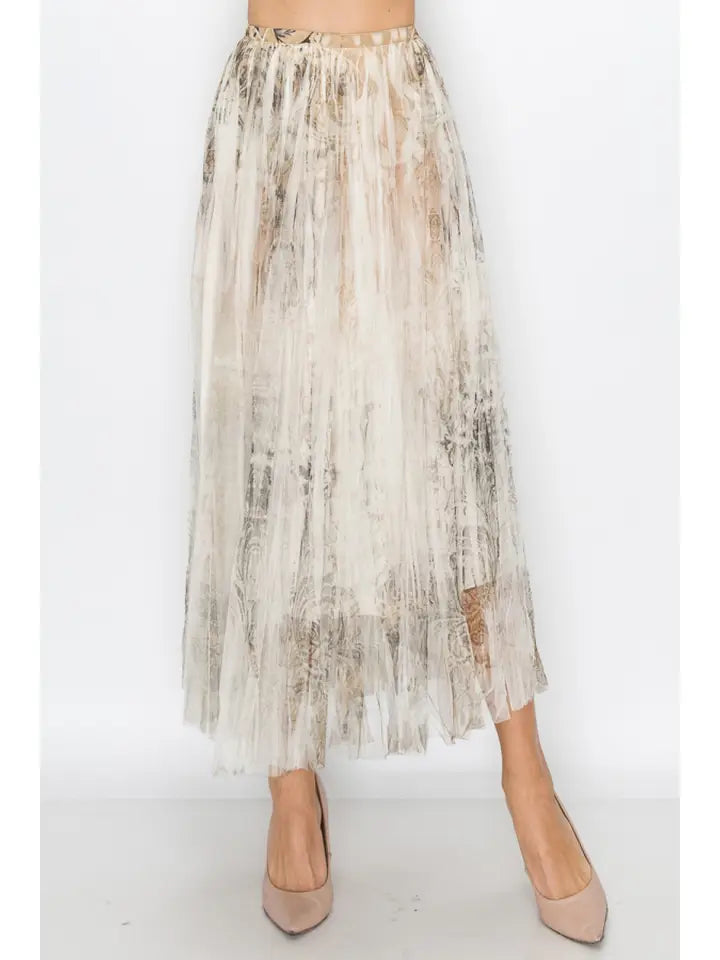 Vintage Print Mesh Pleated Maxi Skirt Taupe