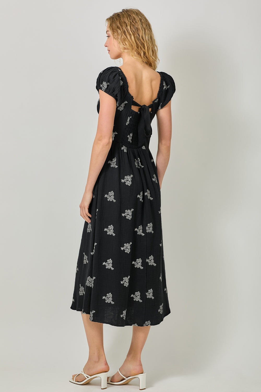 Tie Back Embroidered Double Gauze Bubble Sleeve Dress Black