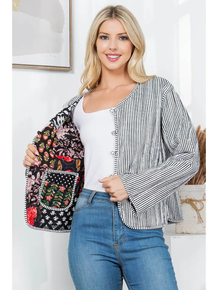 Cora Floral Quilted Patchwork Reversible Jacket Black Combo