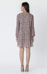 Long Sleeve Pleated A Line Dress Neutral Paisley