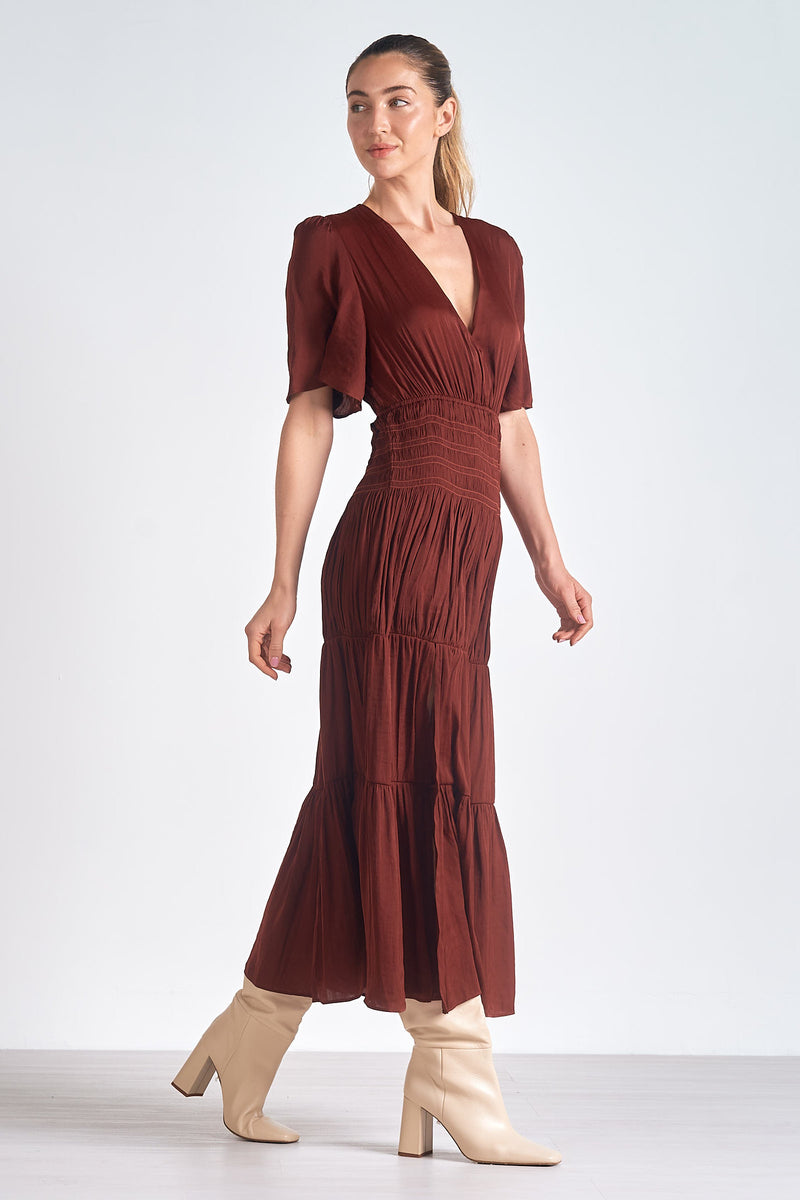 Smocked Bodice Tiered Satin Maxi Dress Brick