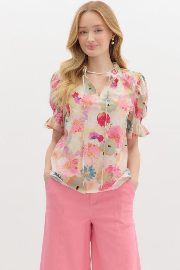 Floral Smocked Short Sleeve Ruffle Top