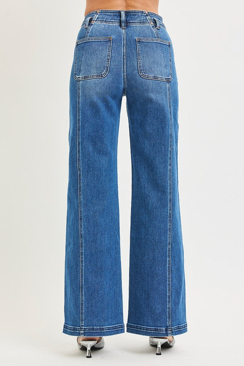 High Rise Wide Jeans Curved Seam Detail Dark
