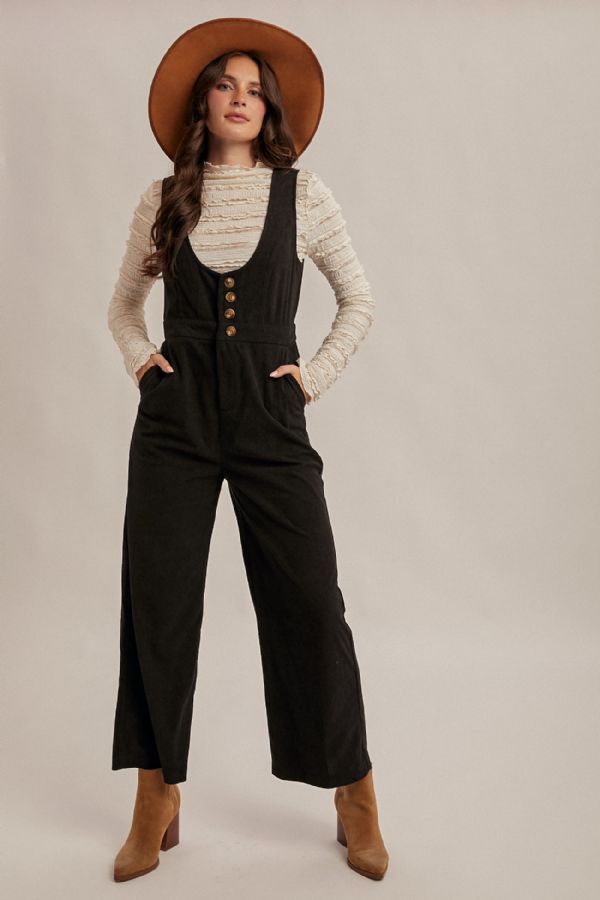 Scoop Neck Corduroy Jumpsuit with Pockets Black
