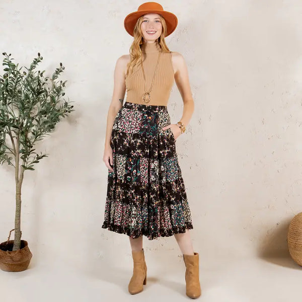 Mid Length Tiered Western Skirt Floral