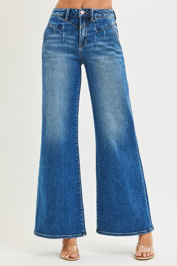 High Rise Wide Jeans Front Yoke Seam Detail Dark