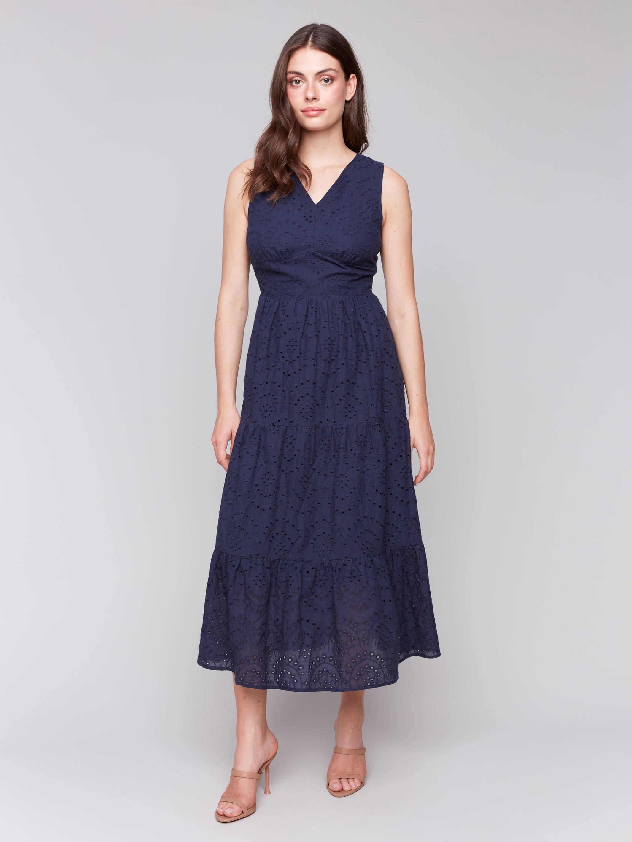 Eyelet Details Sleeveless Maxi Dress Navy
