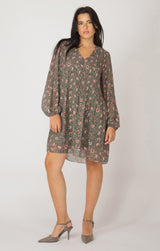 Pleated Long Sleeve Vneck Mini Dress Green Blush Floral