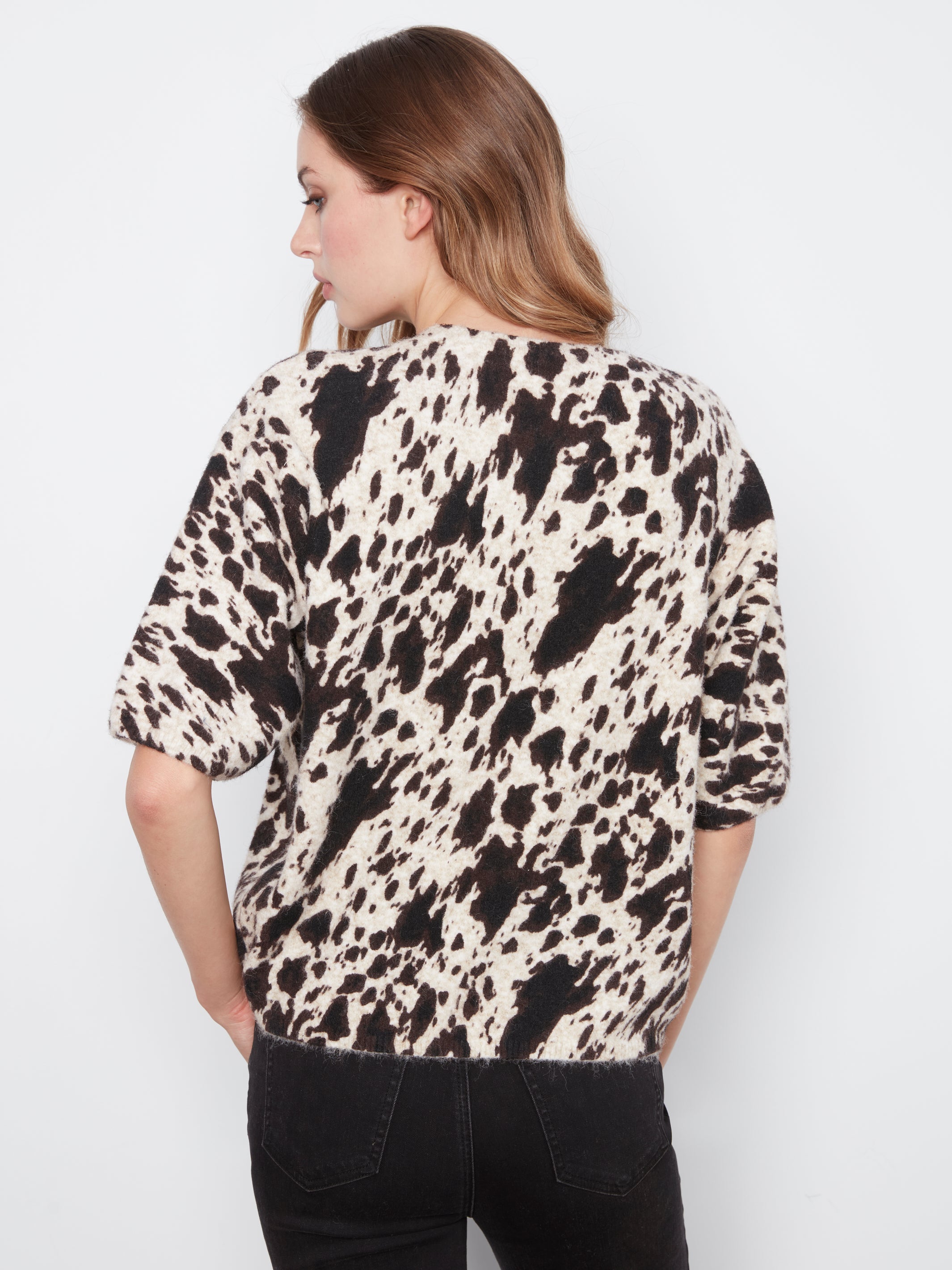 Cow Print Elbow Sleeve Balloon Shape Sweater Spots