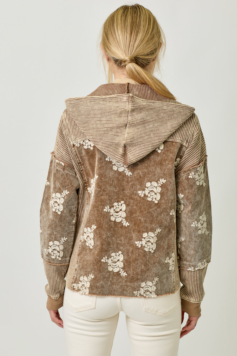 Flower Emb. Waffle Corduroy Mix Hoodie Jacket