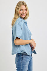 Oversize Half Sleeve Crop Denim Shirt Light