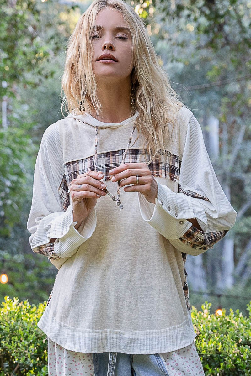 Oversize Button Sleeve Plaid Mix Hoodie Top Ivory