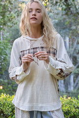 Oversize Button Sleeve Plaid Mix Hoodie Top Ivory