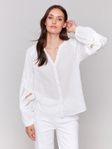 Lace Detail Raglan Sleeve Button Down Blouse White