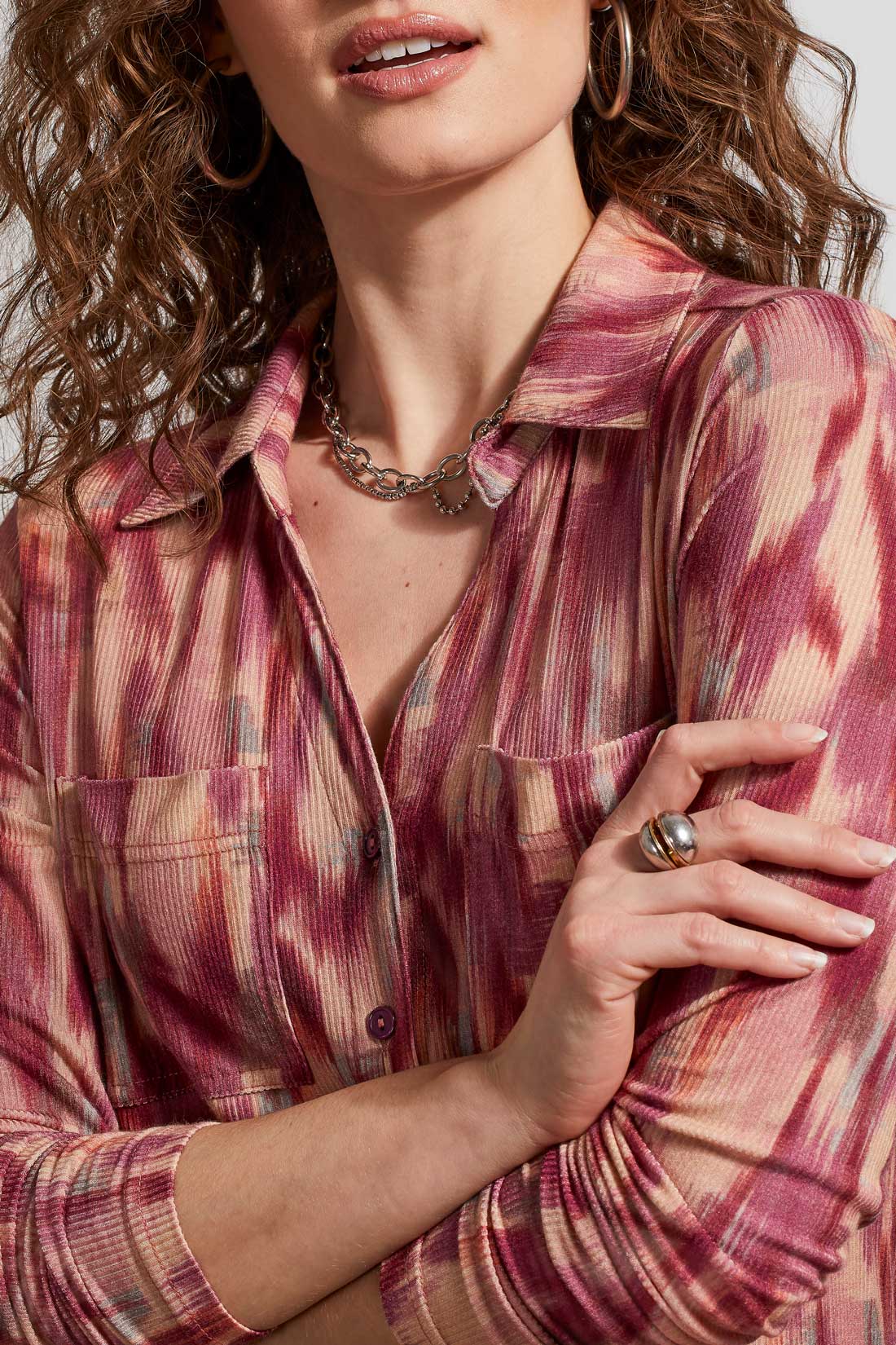 Rib Knit Printed Button Down Top Red Plum