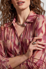 Rib Knit Printed Button Down Top Red Plum