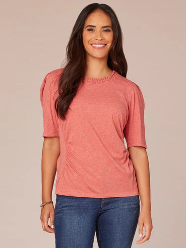 Half Sleeve Braided Scoop Neck Detail Top Heather Faded Rose