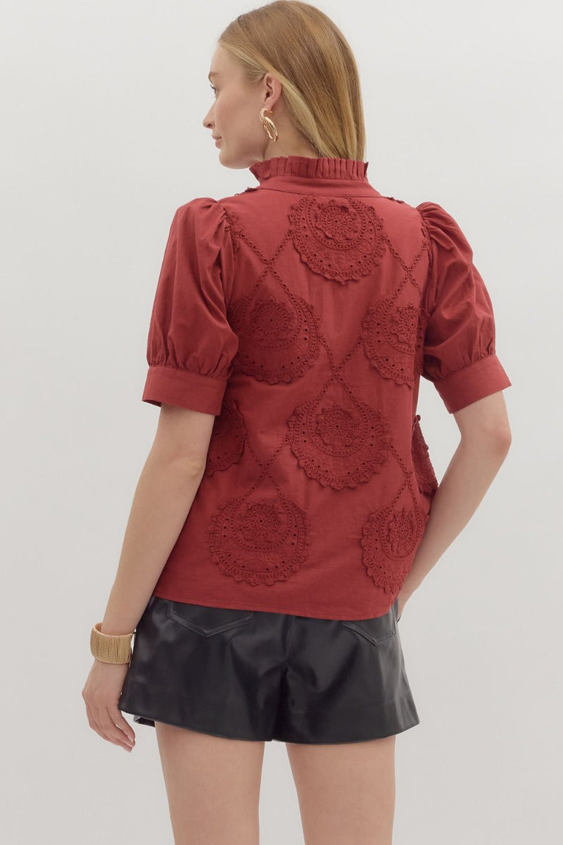 Embroidered Applique Accent Button Neck Top Burgundy