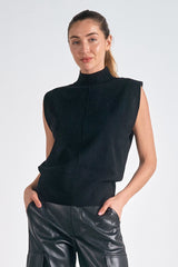 Seam Detail Turtleneck Sleeveless Sweater Black