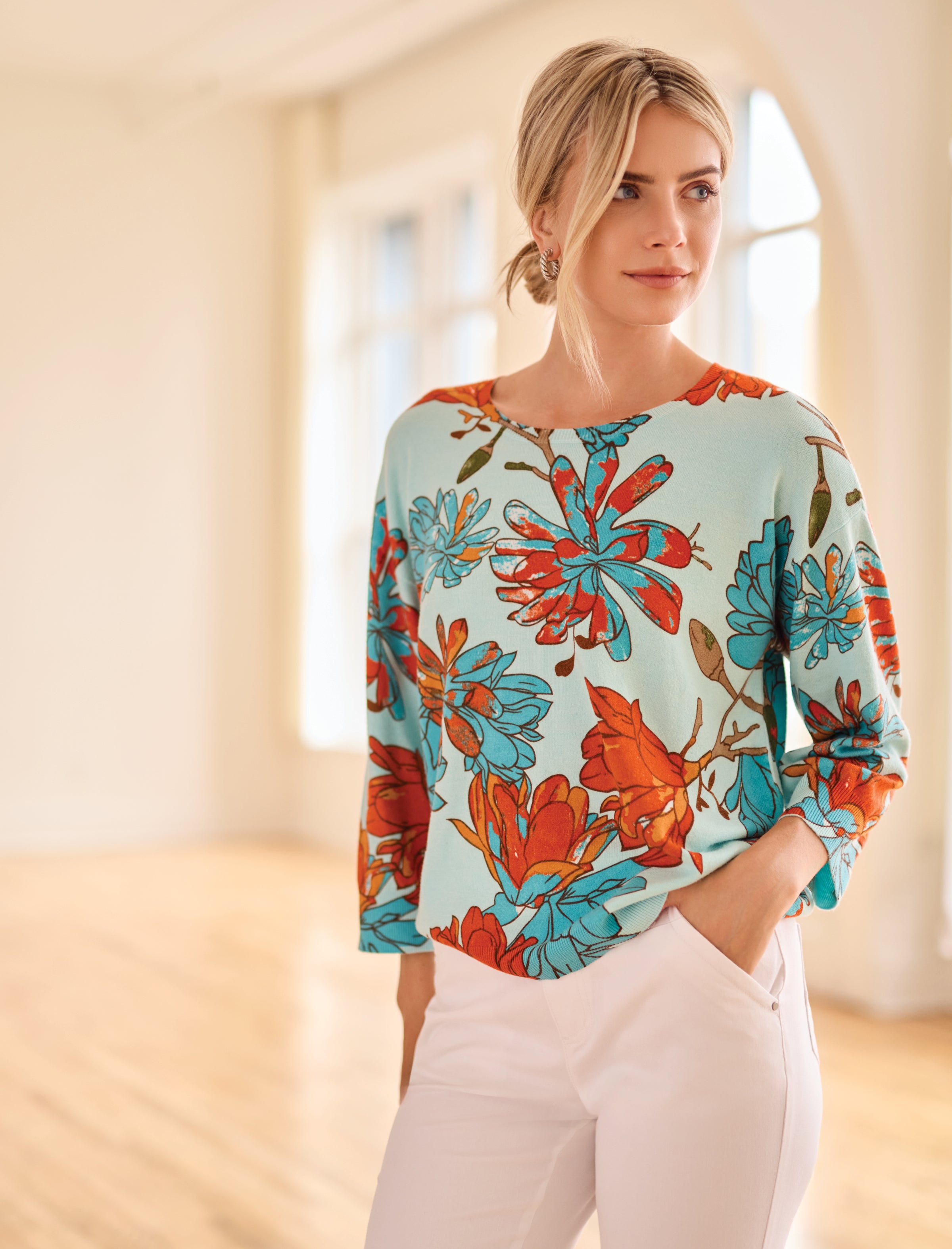 Floral Print 3/4 Sleeve Sweater Oasis