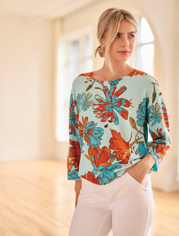 Floral Print 3/4 Sleeve Sweater Oasis