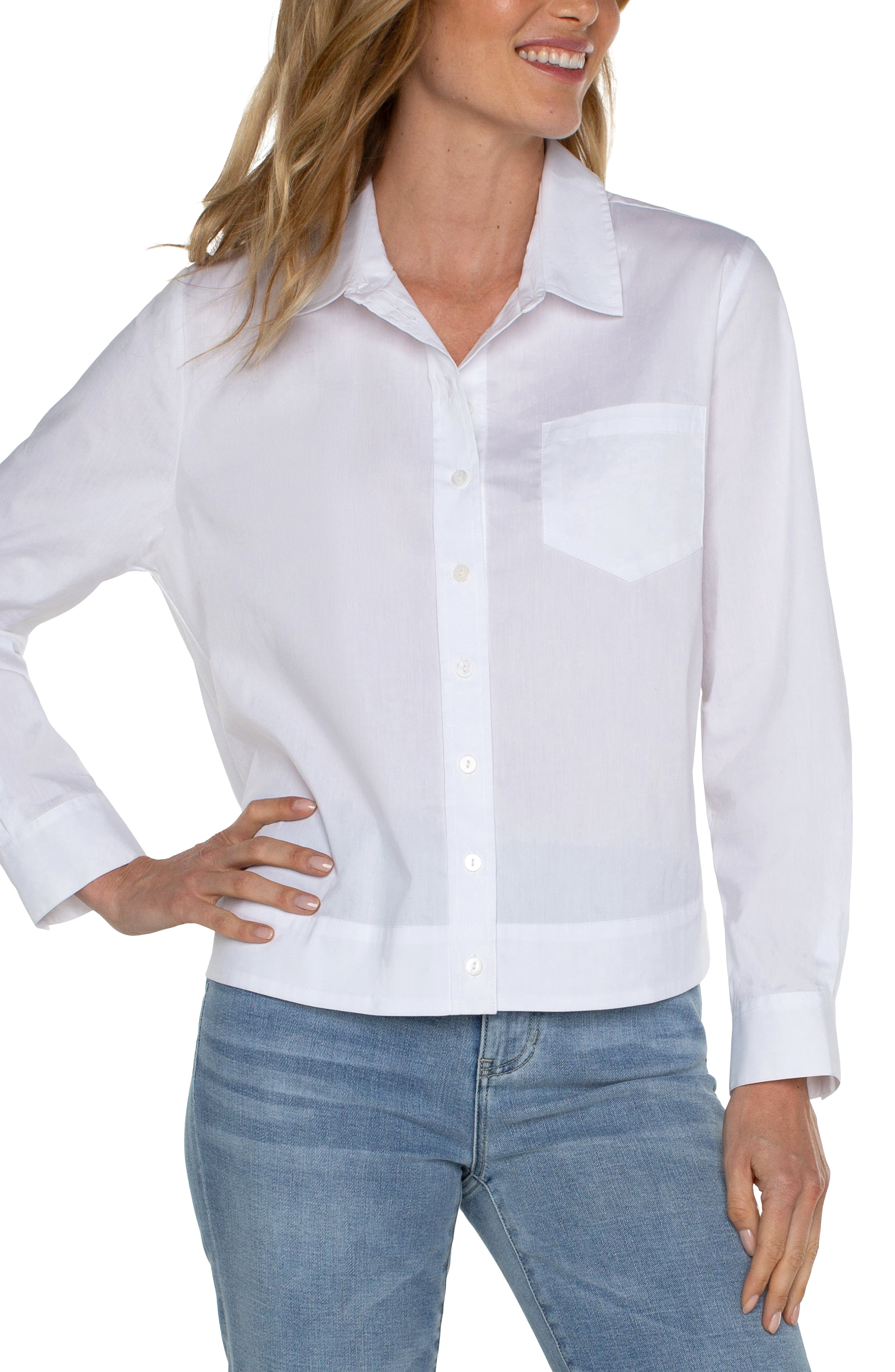 Single Pocket Elastic Back Button Front Shirt White