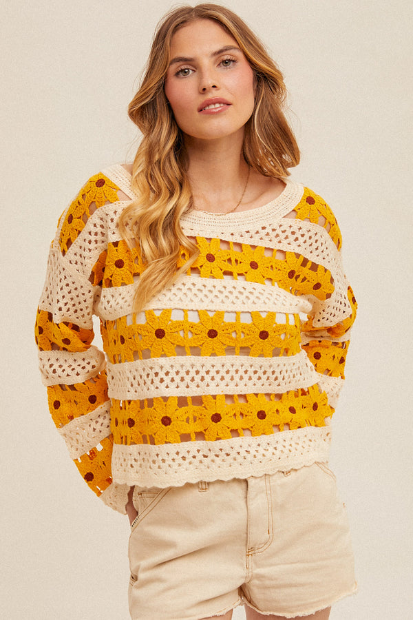 Daisy Crochet Knit Pullover Mustard