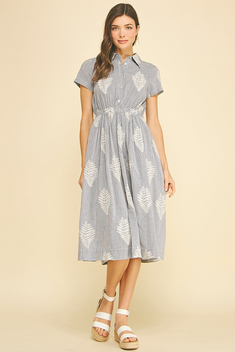 Striped Leaf Embroidered Midi Dress Blue Black