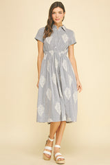 Striped Leaf Embroidered Midi Dress Blue Black