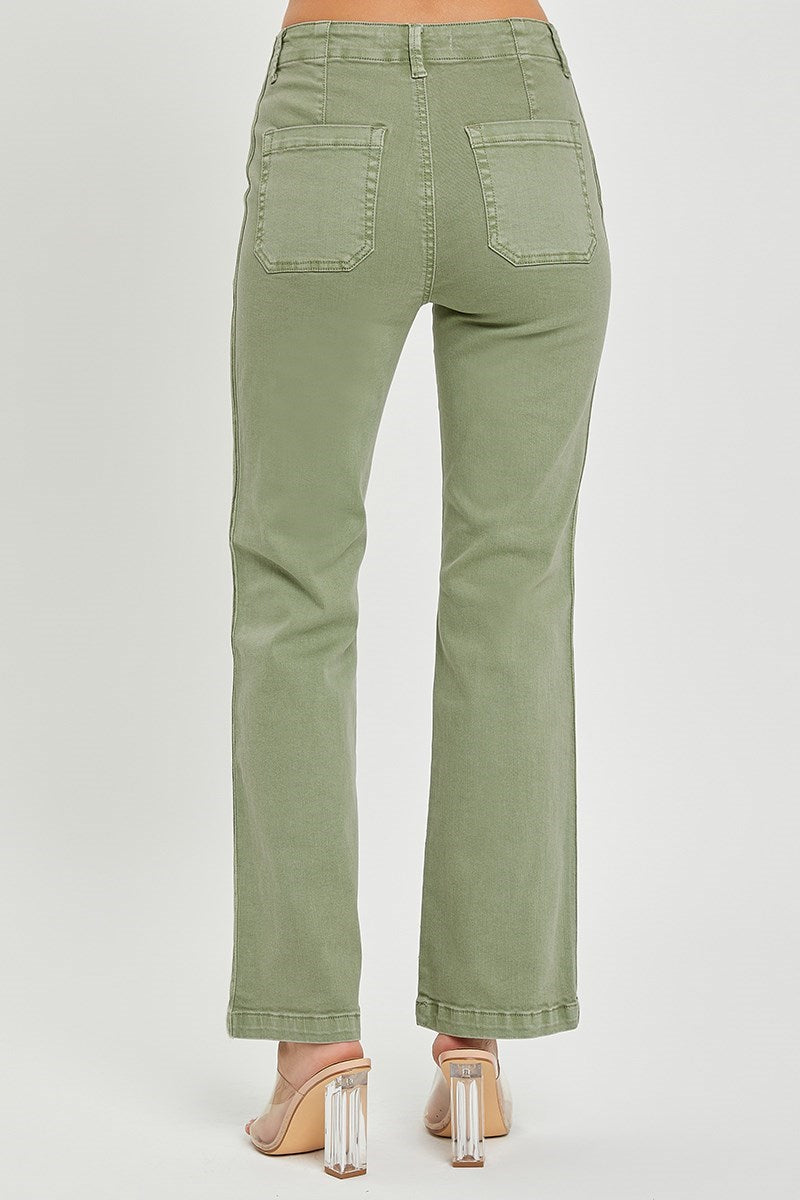 High Rise Side Twill Tape Detail Straight Pants Olive