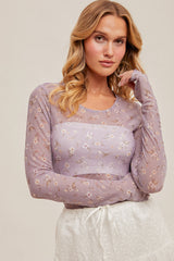 Ditsy Floral Mesh Cabbage Hem Layering Top Lavender