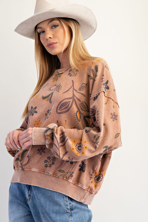 Floral Print Washed Terry Pullover Mocha Mouse