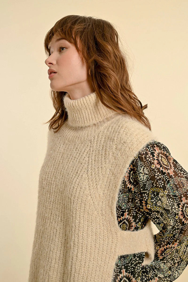 Fuzzy Knit Turtleneck Sweater Vest Cream