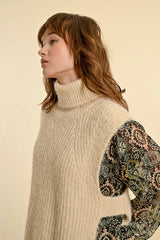 Fuzzy Knit Turtleneck Sweater Vest Cream
