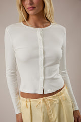 Round Neck Rib Button Down Top White