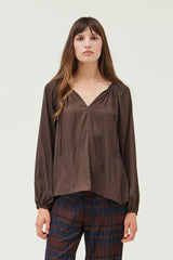 Tie Neck Solid Satin Blouse Dark Roast