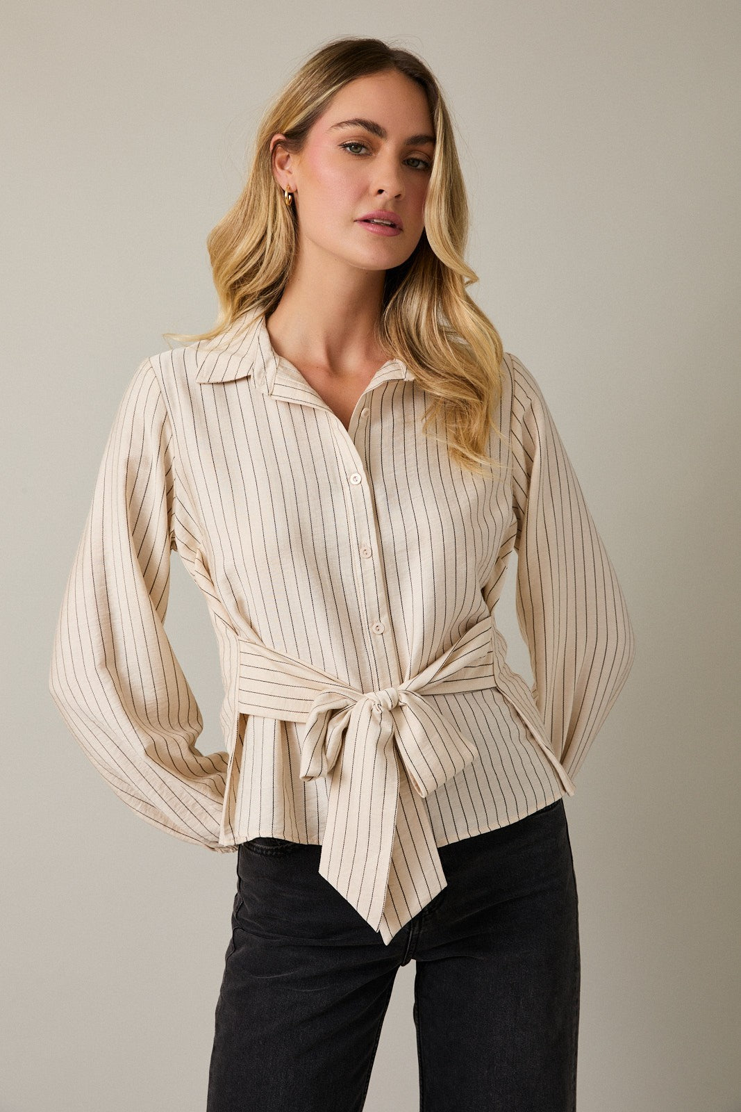 Long Sleeve Waist Tie Button Up Stripe Shirt Cream + Black