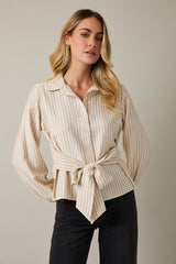 Long Sleeve Waist Tie Button Up Stripe Shirt Cream + Black