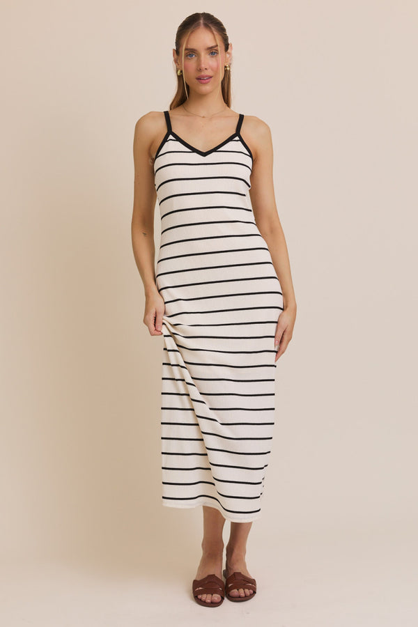 Vneck Tank Ribbed Stripe Dress White + Black