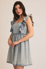 Ruffle Sleeve Square Neck Denim Dress Denim