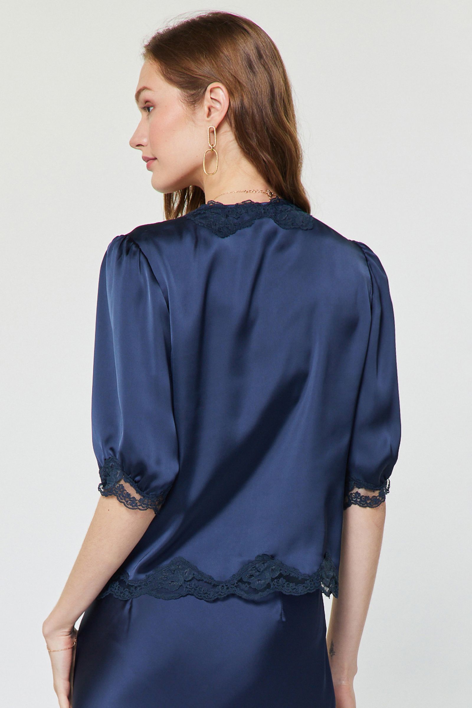 Scalloped Floral Lace Button Closure Blouse Navy