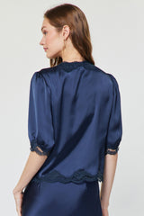 Scalloped Floral Lace Button Closure Blouse Navy