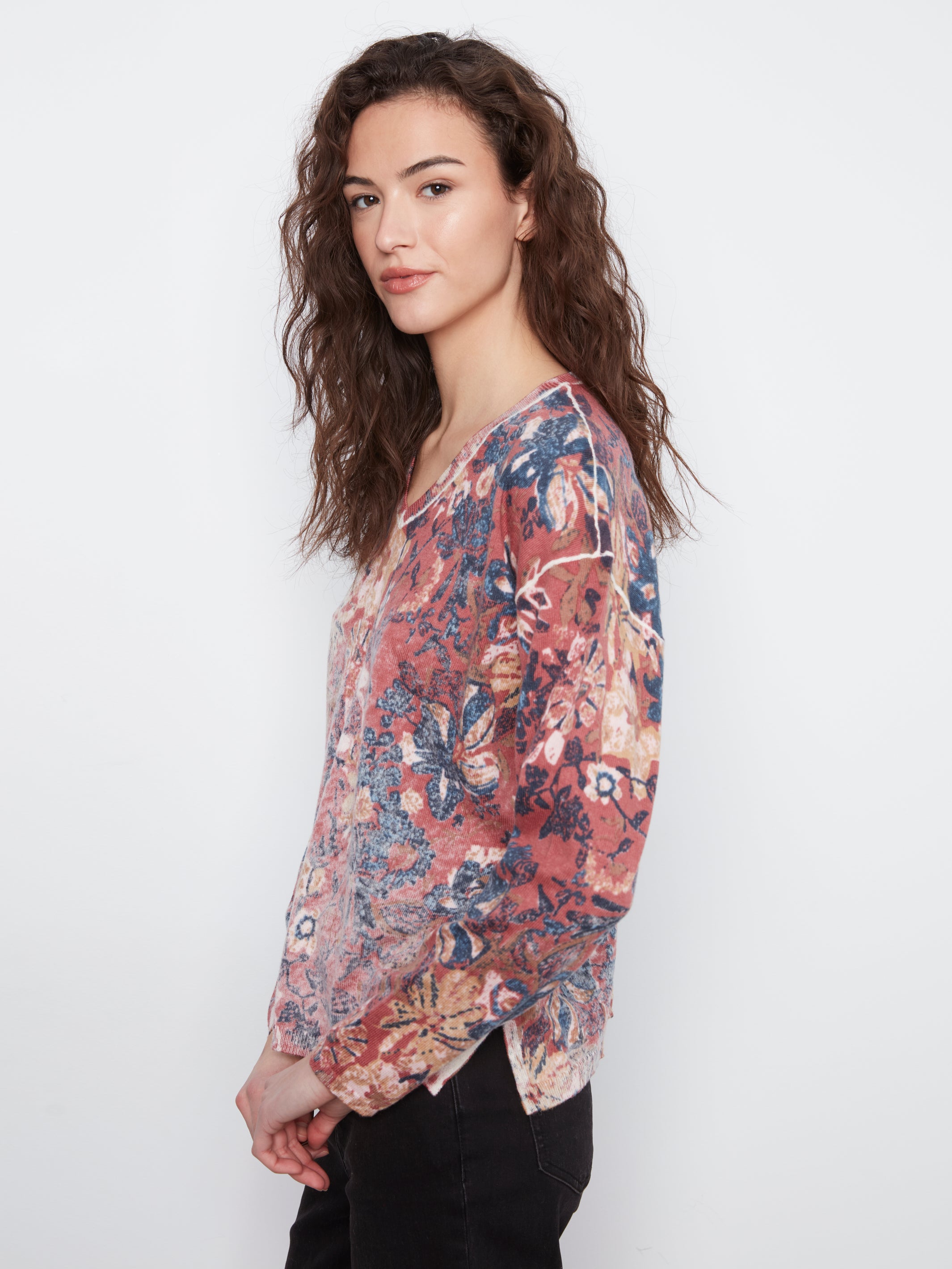Reverse Print Floral Vneck Sweater Passion