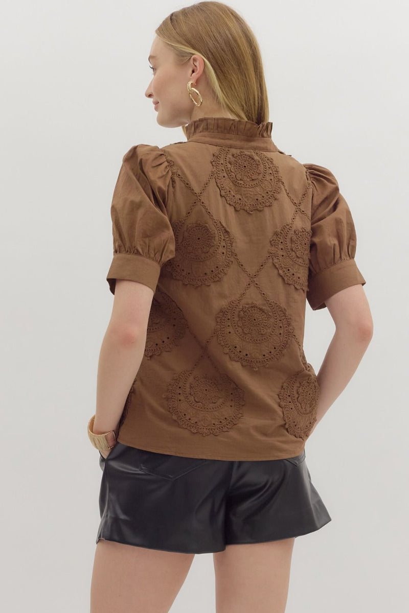 Embroidered Applique Accent Button Neck Top Brown