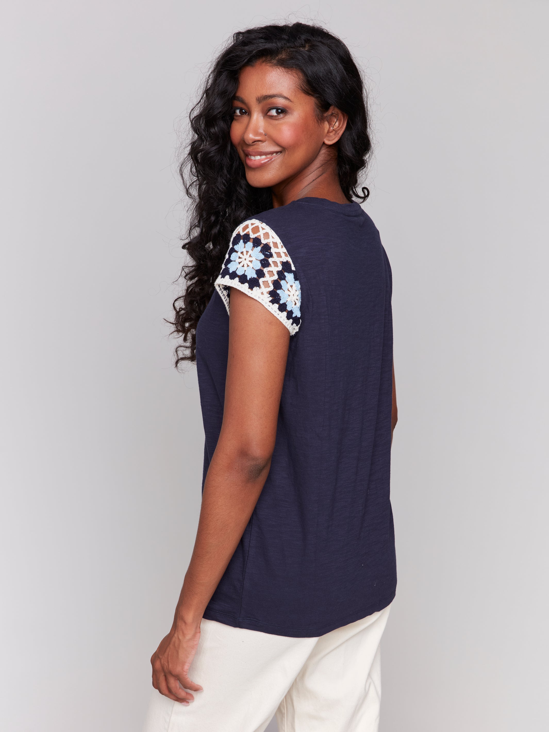 Crochet Cap Sleeve TShirt Navy