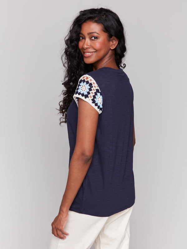 Crochet Cap Sleeve TShirt Navy