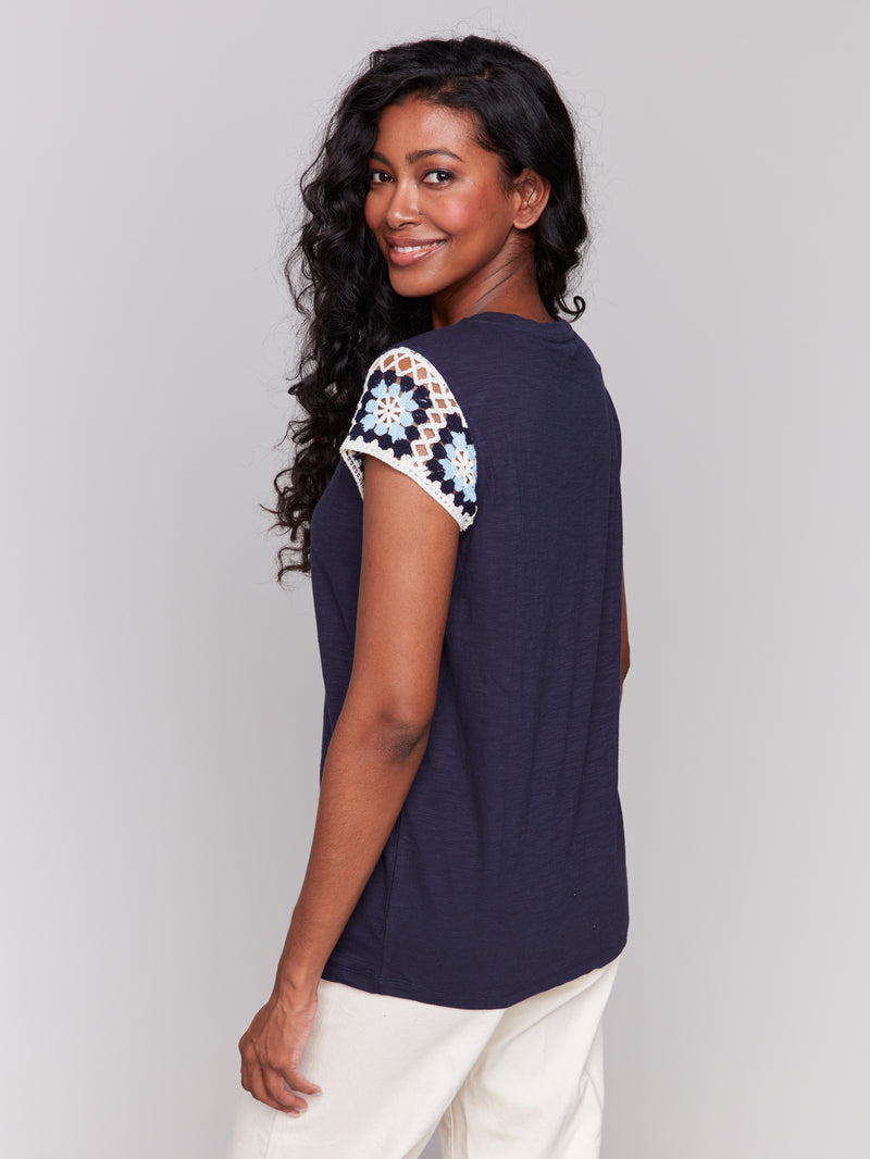 Crochet Cap Sleeve TShirt Navy