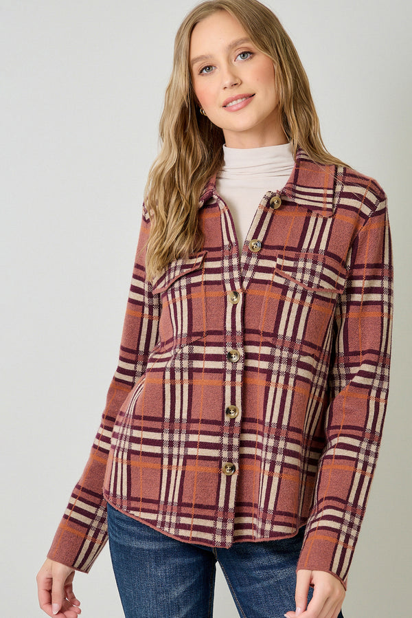 Check Patterened Sweater Jacket Berry Mix