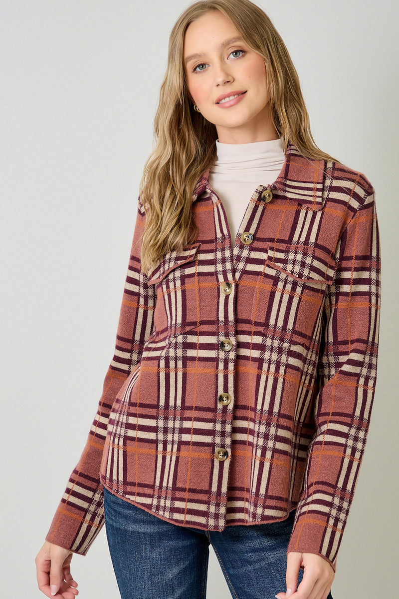 Check Patterened Sweater Jacket Berry Mix